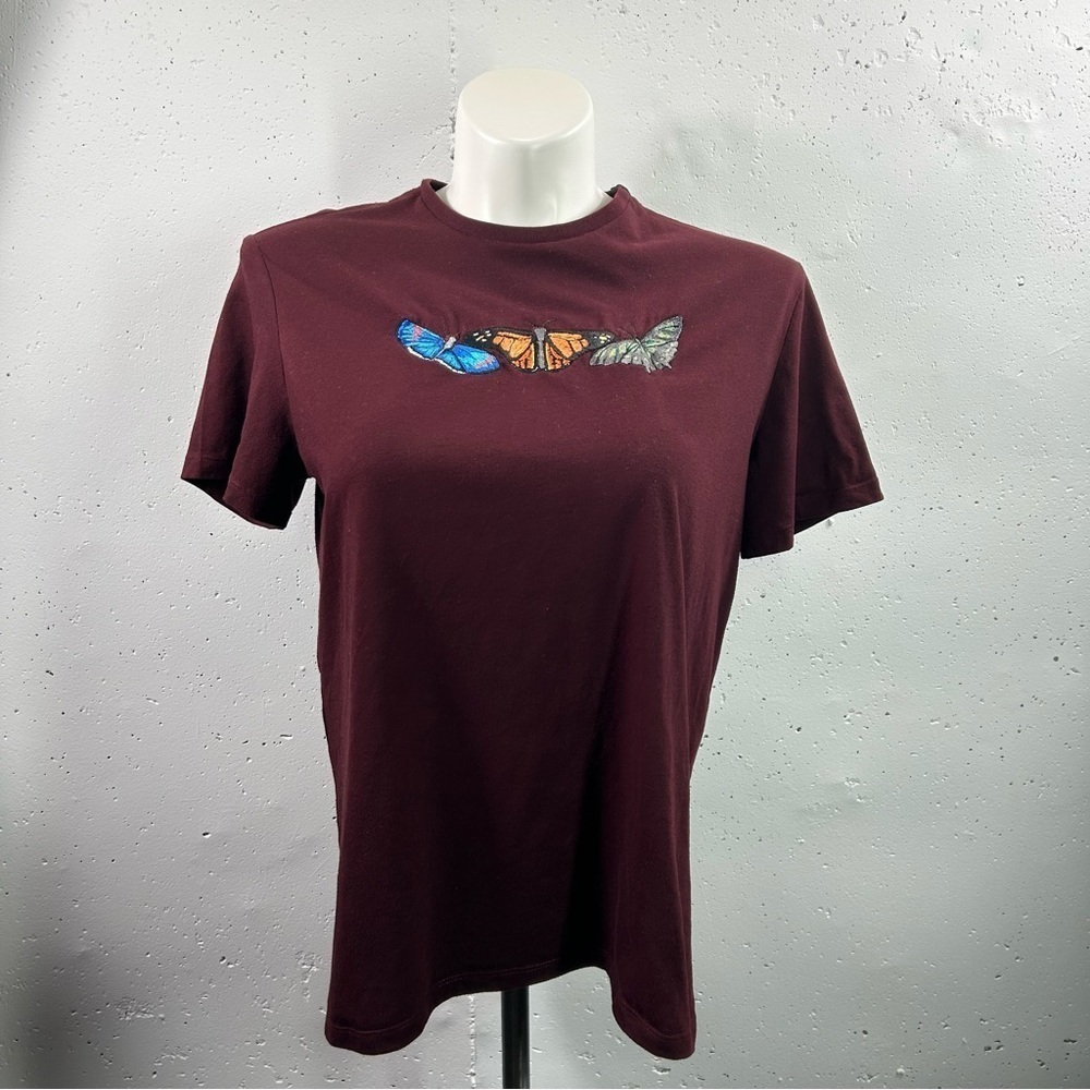 Women’s Burgundy Embroidered Butterfly Short Sleeve Top Tee L